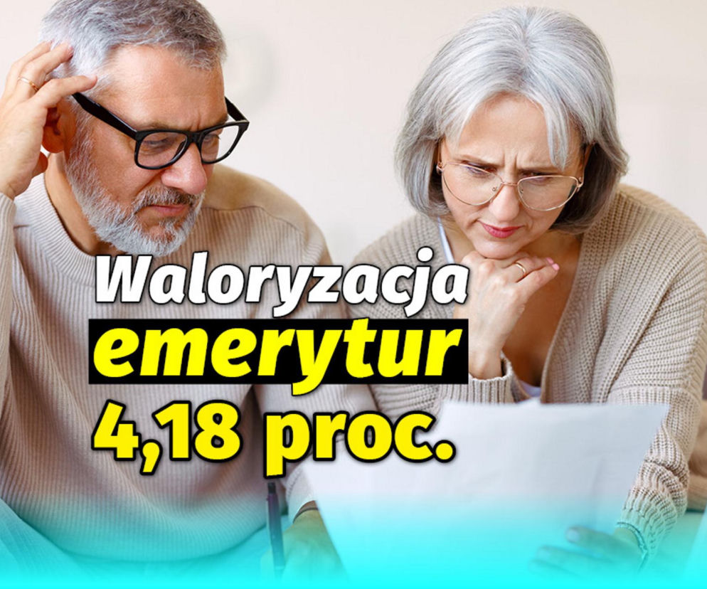 Zasmucone starsze małżeństwo analizuje dokumenty, z tekstem Waloryzacja emerytur 4,18 proc.. Para z niepokojem patrzy na papiery, symbolizując rozczarowanie niskimi podwyżkami. Więcej na ten temat przeczytasz na Super Biznes.