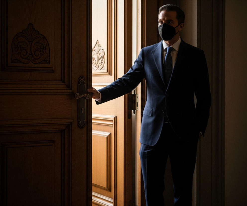 Mężczyzna w ciemnoniebieskim garniturze, białej koszuli, niebieskim krawacie i czarnej masce na twarzy otwiera drewniane drzwi. Lewą ręką trzyma mosiężną klamkę, a prawą ma w kieszeni. Jasne światło wpada przez otwarte drzwi, oświetlając mężczyznę z boku i częściowo rzeźbione wzory na drewnianych panelach drzwi. Po obu stronach widoczne są ciemne, zacienione obszary.