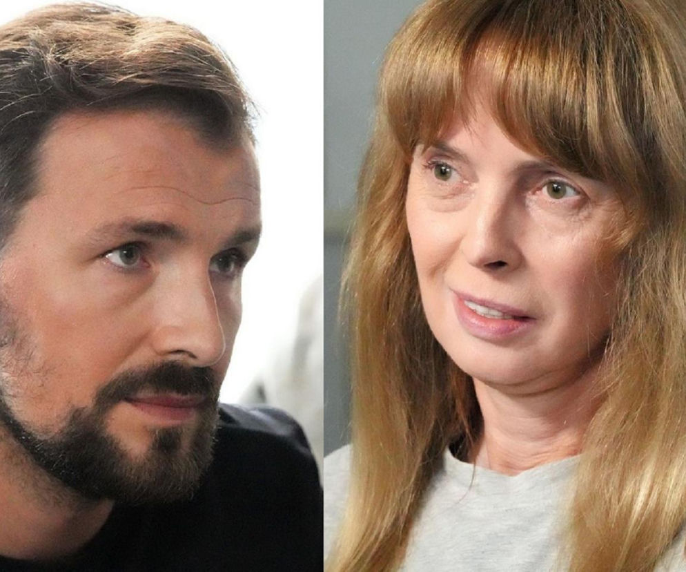 Zamyślony Michał Rolnicki (Łukasz) z brodą i aktorka Katarzyna Tlałka (Agnieszka) w ujęciu portretowym, z jasnymi włosami i w szarej bluzce. Zdjęcie ilustruje odcinek serialu Barwy szczęścia, w którym Agnieszka przedstawia swoją wizję porwania Łukasza. Więcej informacji o serialu Barwy szczęścia znajdziesz na portalu Super Seriale.