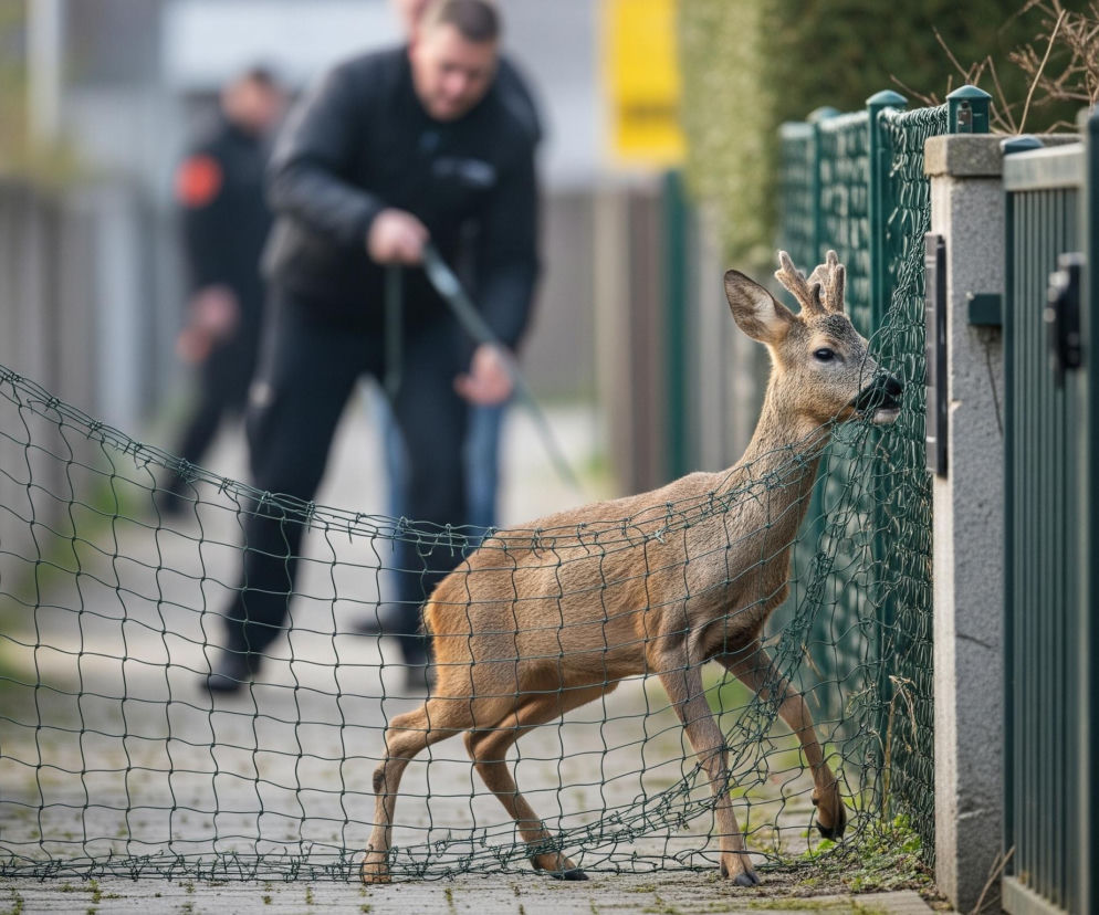 Kozioł o jasnobrązowym futrze i krótkich porożach próbuje przedostać się przez zieloną siatkę ogrodzeniową, która wisi pomiędzy betonowym słupem z lewej a metalowym słupem z prawej strony. Zwierzę ma głowę i część szyi po prawej stronie siatki, a reszta jego ciała znajduje się po lewej stronie. Na dalszym planie, za siatką, widać rozmazane sylwetki dwóch mężczyzn, z których jeden, ubrany na czarno, trzyma w dłoni smycz lub linkę. Tło stanowią nieostre elementy miejskie, w tym fragmenty innych ogrodzeń i zielona roślinność.