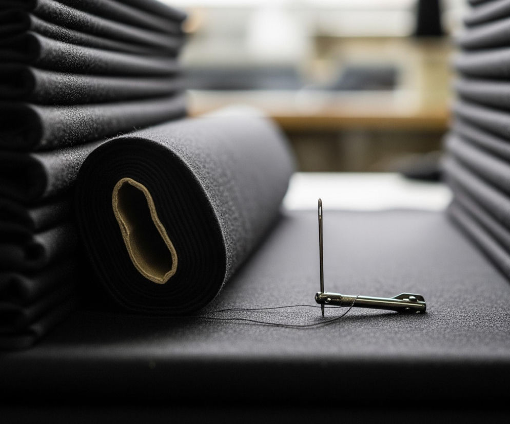 Centralnie na pierwszym planie widoczny jest metalowy nawlekacz igły leżący na szarym materiale, a obok niego, w pozycji pionowej, stoi igła, przez której ucho przechodzi czarna nić nawleczona na nawlekacz. Po lewej stronie kompozycji znajduje się zwinięta rolka czarnego, teksturowanego materiału, z beżowym rdzeniem widocznym w jej przekroju. Po obu stronach, bliżej krawędzi kadru, ułożone są stosy złożonego, ciemnoszarego materiału, tworzące symetryczne, równoległe rzędy. Tło jest rozmyte, ukazując jaśniejsze odcienie z elementami brązu i bieli, co sugeruje wnętrze pracowni lub fabryki.