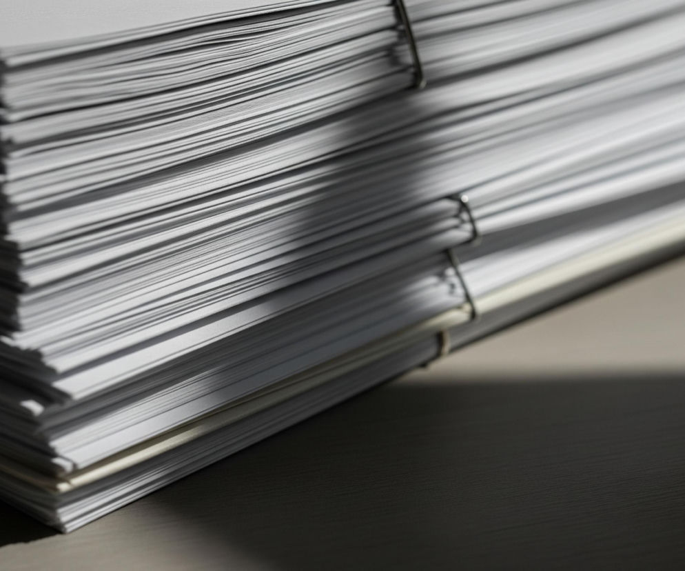 Duży stos białego papieru leży ukośnie na ciemnej, ziarnistej powierzchni. Strona lewa jest wyższa i ostrzejsza, podczas gdy prawa strona opada i staje się rozmazana. Dwie metalowe spinki do papieru spinają dokumenty w środkowej i górnej części stosu. Górna powierzchnia stołu po prawej stronie stosu jest w cieniu, natomiast światło pada na górę stosu.