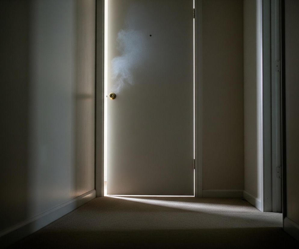 Wąski korytarz z beżowymi ścianami i wykładziną prowadzi do lekko uchylonych drzwi w centralnej części kadru. Zza drzwi wydobywa się jasne, białe światło, tworząc pionową smugę po lewej stronie ościeżnicy i rzucając stożkowaty cień na podłogę. Na beżowych drzwiach widoczna jest złota klamka oraz niewielki, okrągły wizjer na wysokości oczu. Po prawej stronie klamki unosi się białawo-szara, nieregularna smuga przypominająca dym.