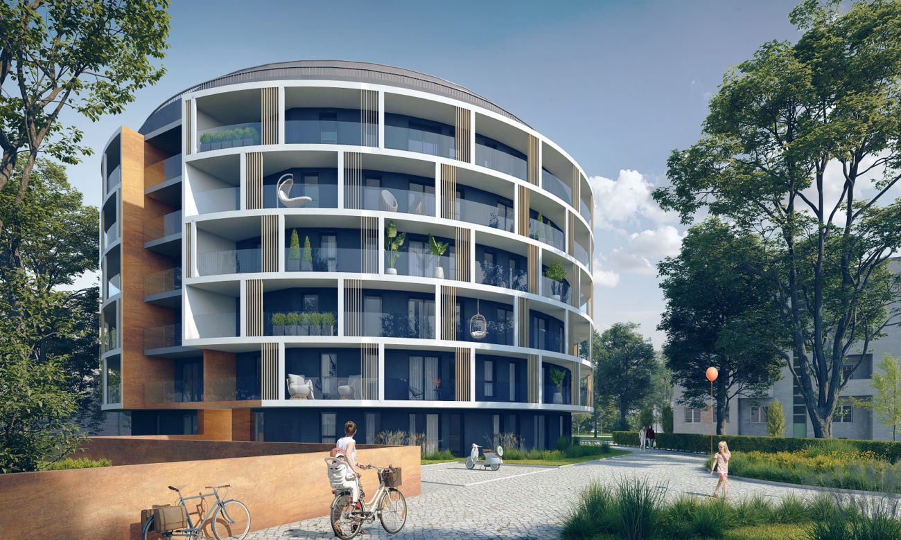 Projekt apartamentowca, który ma powstać na terenie dawnej gazowni przy Srebrzyńskiej 77 w Łodzi