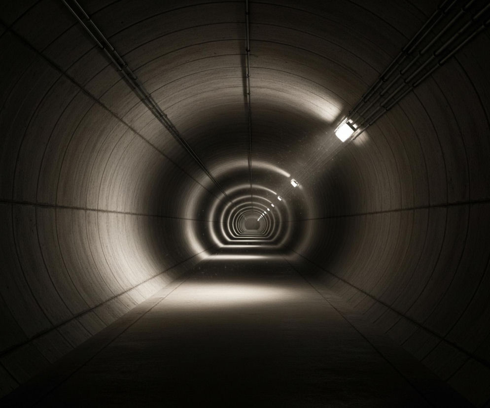 Zdjęcie ukazuje długi, cylindryczny tunel z betonowymi panelami tworzącymi jego sklepienie i ściany, rozciągający się w głąb perspektywy. Oświetlenie tunelu pochodzi z rzędu prostokątnych lamp umieszczonych w górnej części prawej ściany, z których każda emituje silny, biały strumień światła widoczny w zamglonym powietrzu. Lampy te tworzą odbicia na powierzchni tunelu, a światło rozjaśnia jego wnętrze, tworząc kontrast z ciemnymi, zacienionymi obszarami. W lewej górnej części tunelu biegną równoległe rury, przymocowane do ściany metalowymi uchwytami.