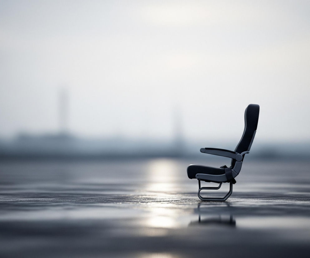 Po prawej stronie obrazu znajduje się puste, ciemnoszare siedzenie z lotniczym pasem bezpieczeństwa, ustawione w profilu. Siedzenie stoi na ciemnej, błyszczącej powierzchni, odbijającej jasne światło widoczne w centralnej części kadru. Tło jest rozmyte, dominują w nim odcienie szarości i bieli, a w oddali majaczą niewyraźne, pionowe kształty.