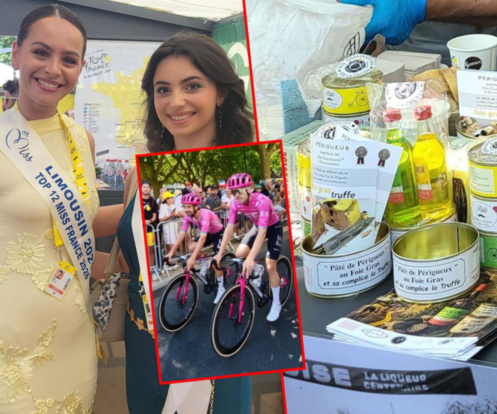 Dwie uśmiechnięte miss na Tour de France oraz regionalne przysmaki. Obok na miniaturze kolarze. Czytaj na SE Supersport.