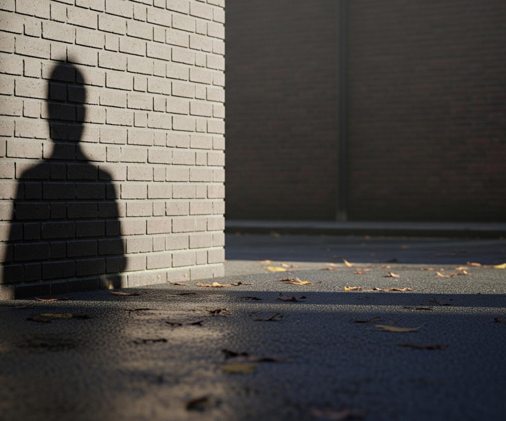 Na pierwszym planie widoczny jest chodnik pokryty licznymi brązowymi liśćmi, na którym miejscami padają słoneczne refleksy, tworząc jasne plamy. Z lewej strony dominującym elementem jest narożnik ściany zbudowanej z szarych cegieł, częściowo oświetlonej słońcem, a częściowo zacienionej. Na zacienionej części ściany wyraźnie rysuje się ciemny, wydłużony cień przypominający sylwetkę człowieka, z wyraźnie zarysowanym kształtem głowy i ramion. W tle rozciąga się ciemna, jednolita ściana z cegieł o ciemnobrązowym odcieniu, zanikająca w oddali.