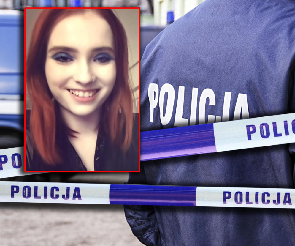 Portret zaginionej 21-letniej Konstancji Czarneckiej na tle policjanta i taśmy policyjnej. Kobieta ma rude włosy, niebieskie oczy i kolczyk w nosie. O zaginięciu przeczytasz więcej na naszym portalu.