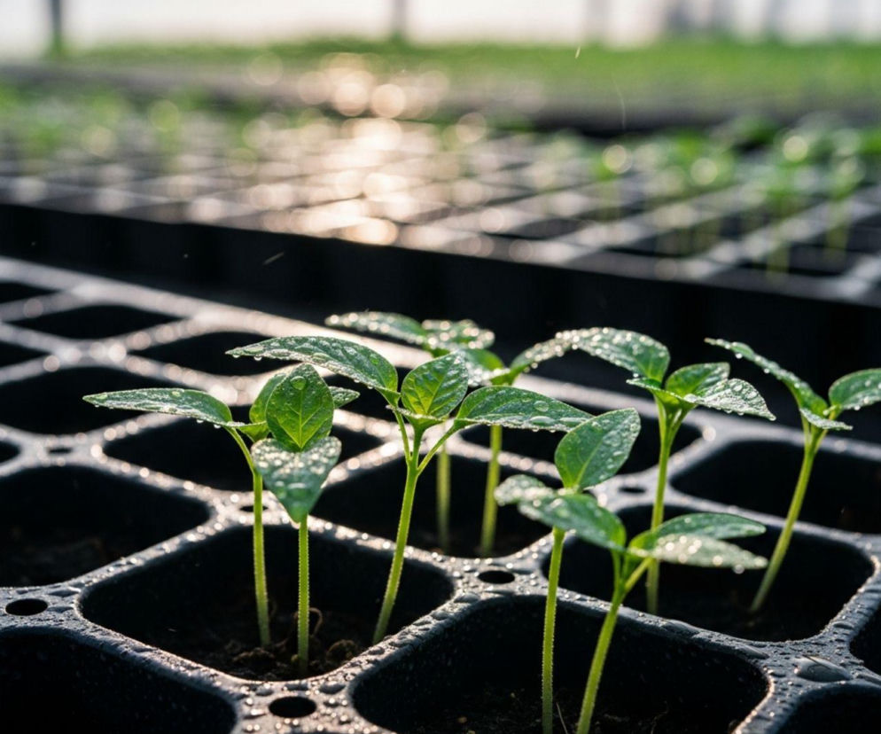 Młode, zielone rozsady papryki z kroplami wody na liściach, rosnące w czarnych doniczkach, widać w tle rozmazane elementy szklarni. Artykuł o tym, jak produkować rozsadę papryki, przeczytasz na portalu Super Biznes.