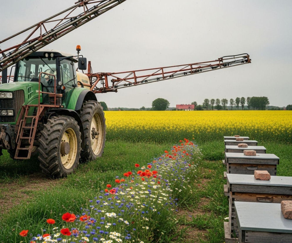 Zielony traktor z opryskiwaczem na tle żółtego pola rzepaku i rzędu uli, oddzielonych pasem kwitnących maków i chabrów. Scena symbolizuje koegzystencję rolnictwa i pszczelarstwa, o której piszemy na Super Biznes.