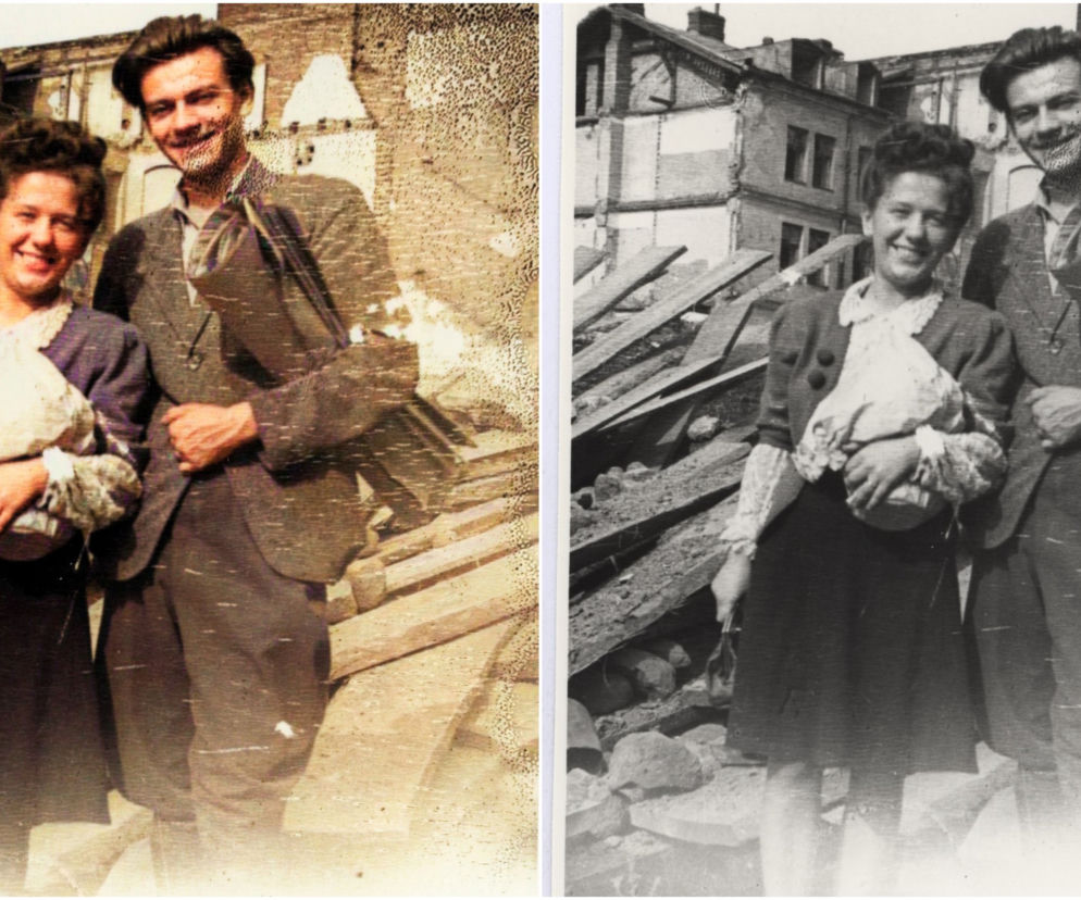 Stali uśmiechnięci na tle zrujnowanej Warszawy. Kim są ludzie z tajemniczej fotografii?