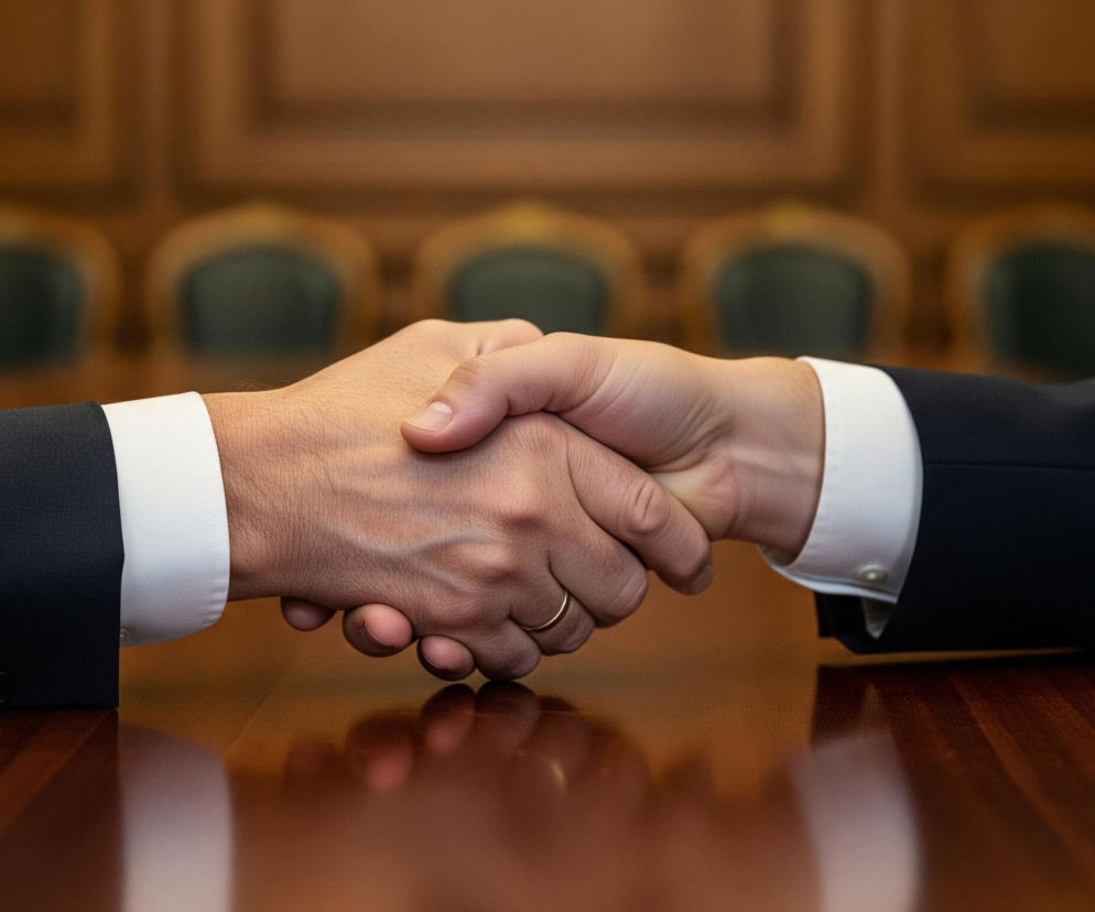 Dwie dłonie, jedna należąca do osoby w ciemnym garniturze i białej koszuli po lewej, a druga również w ciemnym garniturze i białej koszuli po prawej, ściskają się mocno, zajmując centralną część kadru. Na palcu serdecznym lewej dłoni widoczna jest złota obrączka. Dłonie znajdują się nad błyszczącym, brązowym, drewnianym stołem, który odbija światło. W tle, rozmyte, widać rząd krzeseł z drewnianymi oparciami i zielonymi tapicerkami, ustawionych przy ścianie o panelach w podobnym odcieniu drewna.