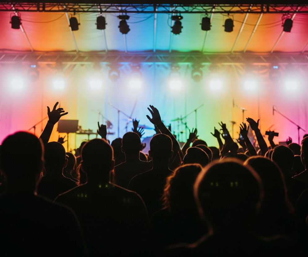 Scena koncertowa jest oświetlona gradientem barw od czerwieni i pomarańczu po lewej, przez żółć i zieleń w centrum, do błękitu po prawej stronie. Na scenie widoczne są sylwetki urządzeń nagłośnieniowych i oświetleniowych, a także statywy mikrofonowe. Pod sufitem sceny wiszą czarne reflektory, a przed nimi znajdują się jasne, białe punkty świetlne.

Pierwszy plan wypełniają ciemne sylwetki ludzi, głównie ich plecy i głowy, z których niektóre są delikatnie podświetlone od góry. W tle tłumu widać liczne uniesione ręce, również w formie ciemnych sylwetek, z palcami ułożonymi w różne gesty. Całość tworzy dynamiczną, koncertową atmosferę.