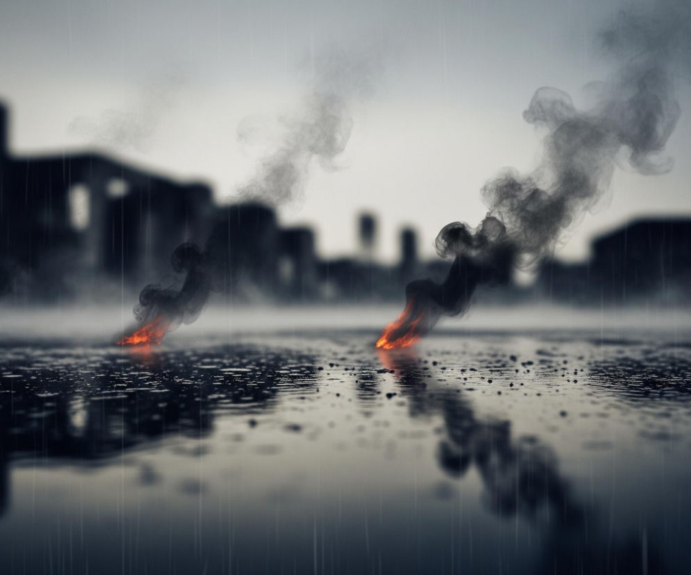 Na pierwszym planie widoczna jest mokra powierzchnia przypominająca asfalt lub beton, pokryta licznymi kroplami deszczu i kałużami, odbijająca światło. Z tej powierzchni unosi się pięć kolumn czarnego dymu, z których każda ma u podstawy jaskrawopomarańczowy płomień, sugerujący ogień. Tło stanowi zamglona, ciemna sylwetka miejskiego krajobrazu z zarysem budynków o nieregularnych kształtach, a nad nim rozpościera się szare, zachmurzone niebo, przez które widać smugi padającego deszczu. Całość utrzymana jest w chłodnej tonacji szarości i czerni, z kontrastującymi pomarańczowymi akcentami ognia.