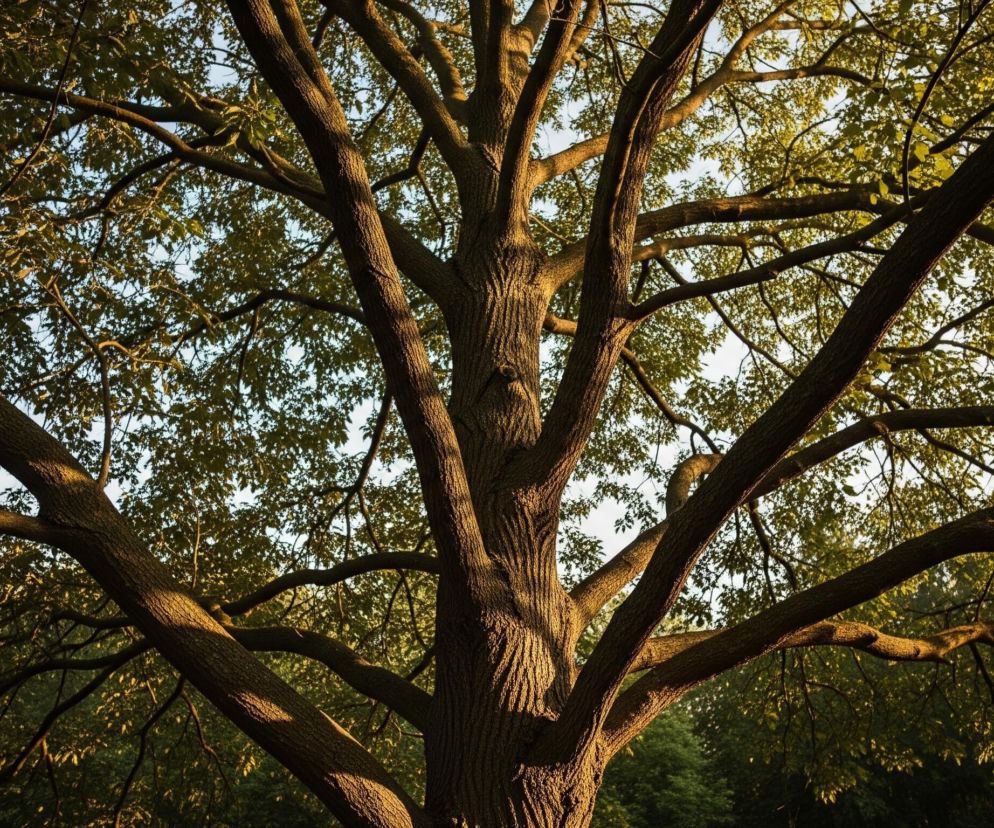 Centralną część obrazu zajmuje potężny pień drzewa, rozgałęziający się na liczne grube konary. Kora pnia i konarów ma wyraźną, pofałdowaną teksturę w odcieniach brązu, z jaśniejszymi, złocistymi smugami oświetlonymi przez światło słoneczne, padające z prawej strony. Drzewo jest gęsto pokryte liśćmi o intensywnym, jasnozielonym kolorze, które miejscami przechodzą w ciemniejsze odcienie zieleni, zwłaszcza w cieniu. W tle widoczne jest jasne, błękitne niebo, prześwitujące przez korony drzew, tworząc kontrast z ciemniejszymi partiami liści i gałęzi.