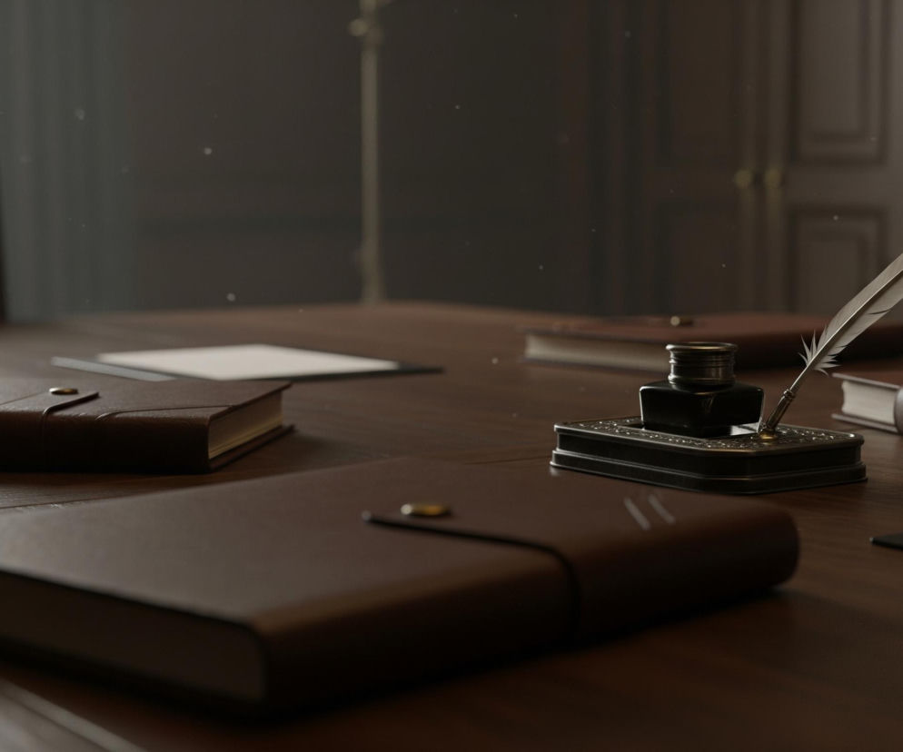 Na drewnianym stole, wykonanym z ciemnego drewna o widocznej strukturze słojów, leży kilka brązowych, skórzanych notatników z ozdobnymi zapięciami. Centralnie umieszczony jest czarny kałamarz z piórem z naturalnym piórem w kolorze szaro-beżowym, skierowanym w prawo. W tle widoczne są fragmenty brązowych krzeseł z tapicerką oraz częściowo oświetlone panele ścienne, prawdopodobnie drzwi, a w powietrzu unosi się drobny pył, tworząc świetliste punkty.