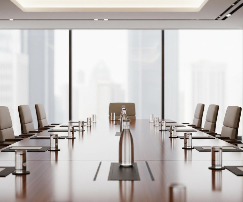 Długi, polerowany stół konferencyjny z ciemnego drewna dominuje w centralnej części pomieszczenia, odbijając światło. Wokół stołu ustawione są beżowe krzesła z ciemnobrązowymi podłokietnikami, po dziesięć z każdej strony i jedno na końcu, co daje łącznie dwadzieścia jeden miejsc. Na stole, przed każdym krzesłem, leżą czarne podkładki z białymi kartkami, obok których stoją szklane szklanki z wodą i butelki wody, tworząc symetryczny układ. W tle widać duże okna, z których rozciąga się widok na rozmyte miejskie krajobrazy z wysokimi budynkami. Ściany są białe, a po obu stronach pomieszczenia znajdują się drewniane panele ścienne lub drzwi.