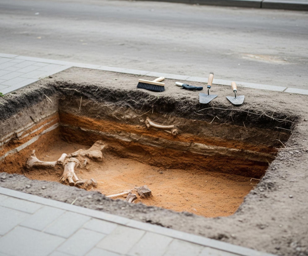 Wykopany prostokątny dół znajduje się na obszarze utwardzonym płytami chodnikowymi, z widocznym w tle asfaltem. Na dnie dołu, w ziemi o pomarańczowo-brązowym odcieniu, leży fragment szkieletu, prawdopodobnie kości kończyn, częściowo zasypany. Na górnej krawędzi wykopu, po lewej stronie, rośnie kilka kępek zielonej trawy, a po prawej leży płaska szczotka z ciemnym włosiem, czarne narzędzie oraz dwie szpachelki z drewnianymi rączkami. Ściany dołu ukazują warstwową strukturę gleby, z wyraźnymi poziomymi pasami ziemi w odcieniach szarości i brązu.