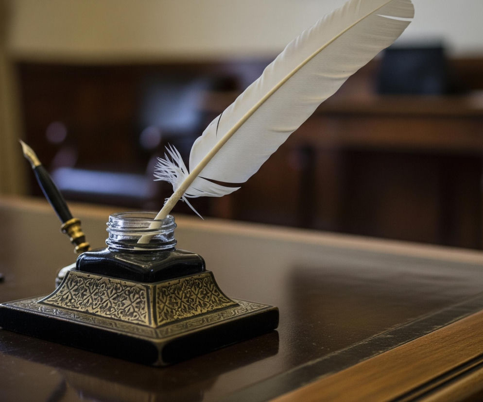 Na pierwszym planie, centralnie, stoi kałamarz z białym piórem w środku. Kałamarz składa się ze szklanej, bezbarwnej buteleczki osadzonej w ciemnej, ozdobnej podstawie z elementami w kolorze złotym lub miedzianym, ze skomplikowanymi, geometrycznymi wzorami. Pióro jest jasnokremowe z beżową stosiną i skierowane ukośnie w górę, w prawą stronę. Po lewej stronie kałamarza leży ciemne pióro wieczne ze złotą stalówką, a obok niego widoczny jest fragment ciemnej, skórzanej podkładki. Wszystkie te przedmioty znajdują się na drewnianym, błyszczącym biurku o ciemnobrązowej barwie, z jaśniejszym, złotawym obrzeżem po prawej stronie. Tło jest rozmyte, z widocznymi zarysami ciemnych mebli i jasnego okna z beżową zasłoną.