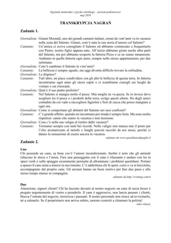 ARKUSZE CKE - Matura j. włoski - poziom podstawowy 2019