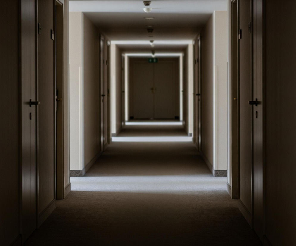 Długi, symetryczny korytarz rozciąga się w głąb obrazu, znikając w oddali w punkcie zbiegu. Po obu stronach widoczne są brązowe drzwi z ciemnymi klamkami, tworzące rytmiczny wzór; te najbliżej obserwatora są ciemniejsze i bardziej szczegółowe. Podłoga pokryta jest dywanem o drobnej teksturze, zmieniającej kolor od ciemnego brązu na pierwszym planie do jaśniejszego beżu i szarości w kierunku oddalonych, rozświetlonych obszarów. W suficie rozmieszczone są punkty świetlne, a w oddali majaczą zielone oznaczenia wyjścia ewakuacyjnego nad ostatnimi drzwiami.