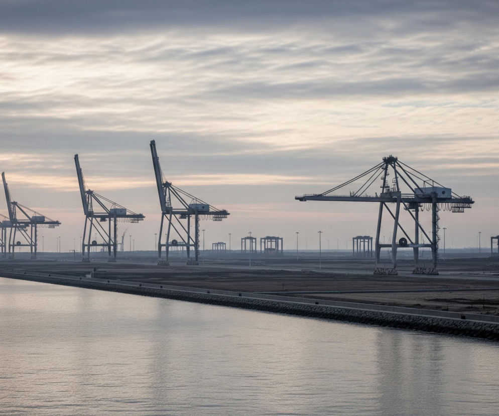 Szeroki akwen wodny na pierwszym planie, z lekko falującą powierzchnią, odbijającą jasne, zachodzące słońce w odcieniach szarości i pomarańczu. Wzdłuż prawego brzegu akwenu ciągnie się długi, prosty wał lub nabrzeże, oddzielający wodę od rozległego, płaskiego terenu portowego. Na tym terenie, po prawej stronie, w oddali, stoją cztery duże, stalowe dźwigi portowe w odcieniach ciemnego szarego koloru, ustawione w linii, z wyraźnie widocznymi konstrukcjami kratownicowymi i pomostami roboczymi. Horyzont dominuje zachmurzone niebo w odcieniach szarości, bieli i bladego różu, z widocznymi smugami chmur, które rozciągają się horyzontalnie.