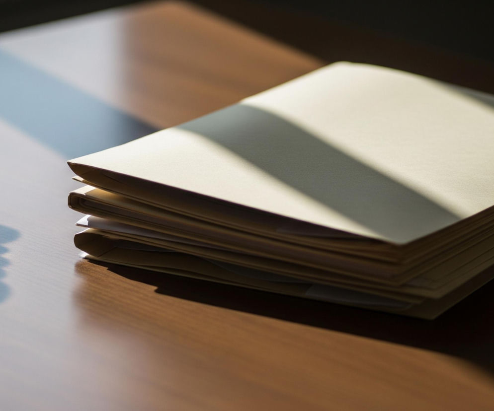 Na drewnianym, brązowym blacie stołu leży stos papierowych teczek w kolorze jasnobeżowym lub kremowym, skierowany lekko w prawą stronę. Na teczkach i części blatu widoczne są cienie w kształcie równoległych pasów, z których jeden, szeroki i jasny, przecina teczki i blat, a drugi, węższy i ciemniejszy, znajduje się po lewej stronie. Lewa strona blatu jest jaśniejsza i odbija światło, tworząc refleksy, podczas gdy prawa i dolna część są ciemniejsze.