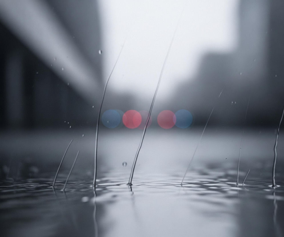 Na pierwszym planie widoczna jest mokra, płaska powierzchnia, przypominająca kałużę, z odbijającymi się w niej smugami światła i delikatnymi falami. Z tej powierzchni wyrastają cienkie, wydłużone krople wody, tworzące pionowe linie, niektóre z nich są grubsze i bardziej nieregularne. W tle, rozmyte tło przedstawia szaro-białe kształty budynków oraz cztery okrągłe, rozmyte światła: dwa czerwone pośrodku i dwa niebieskie po bokach.