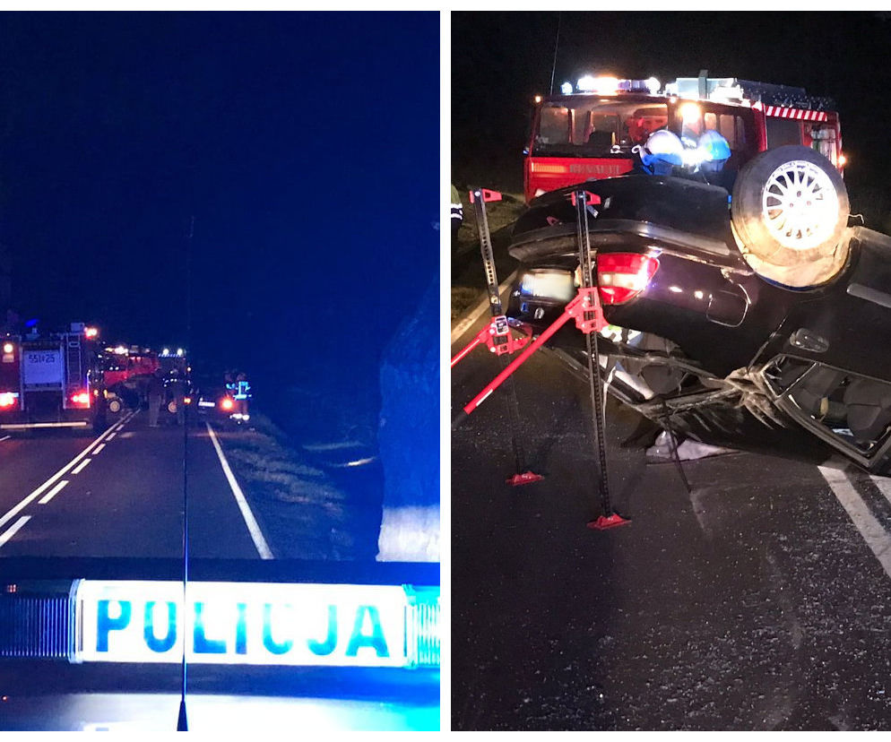Groźny wypadek na DK 57. Chciał ominąć dziki na drodze, samochód dachował. Dwie osoby w szpitalu