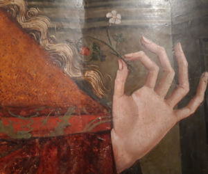 Madonna z poziomką - obraz temperowy na desce z końca XV wieku, fragment