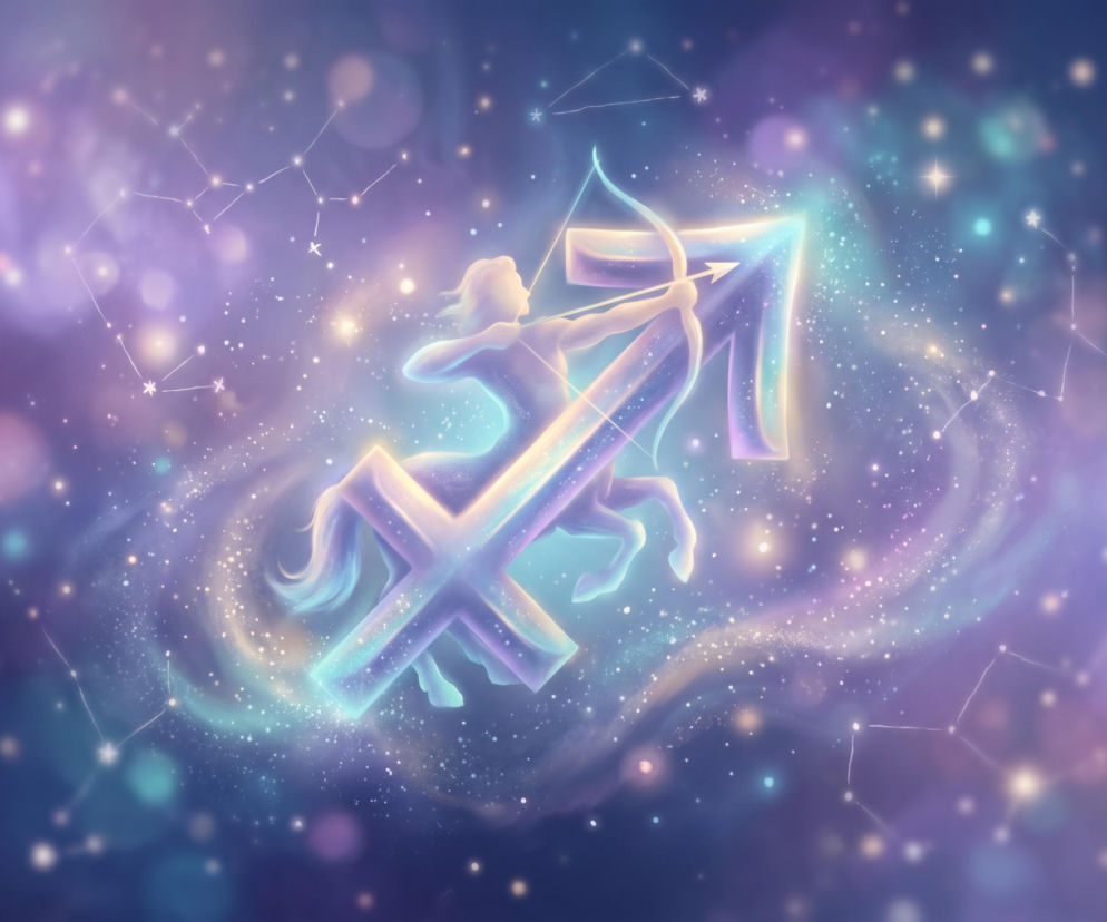 Świecący symbol zodiakalnego Strzelca na tle gwieździstego nieba. Horoskop dla tego znaku znajdziesz w serwisie Eska.