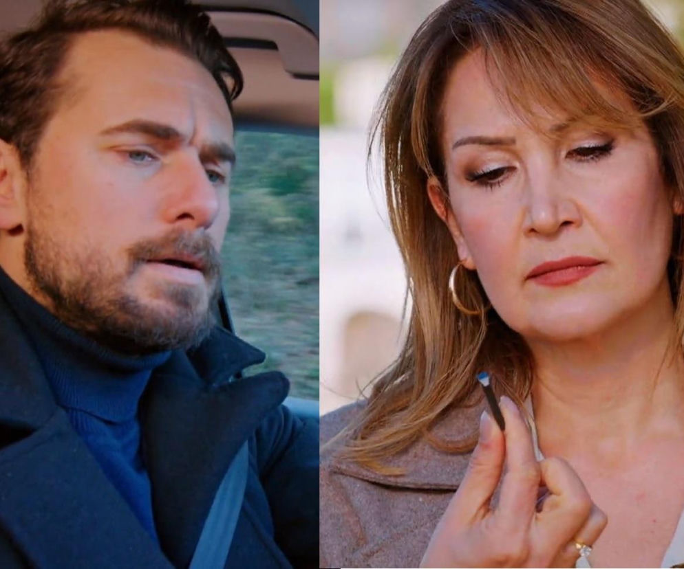 Kuzey w ciemnym płaszczu i golfie, ze zmartwioną miną, oraz Feraye, w beżowej marynarce i złotych kolczykach, trzymająca w dłoni przedmiot, co doskonale obrazuje ich trudną sytuację z 374 odcinka serialu Miłość i nadzieja dostępnego na portalu Super Seriale.