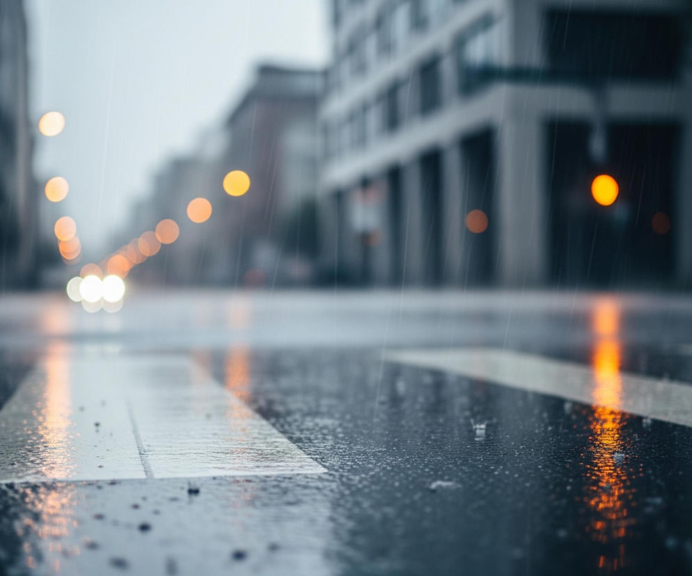 Mokra, asfaltowa ulica z dwoma szerokimi, białymi pasami dla pieszych biegnie od pierwszego planu w głąb obrazu. Na całej powierzchni jezdni widać spadające krople deszczu i kałuże, w których odbijają się pomarańczowe światła ulicznych latarni oraz jasne reflektory nadjeżdżającego samochodu. W tle rozciąga się miejski krajobraz z rozmazanymi budynkami po obu stronach drogi, zanurzonymi w szarej, deszczowej aurze.
