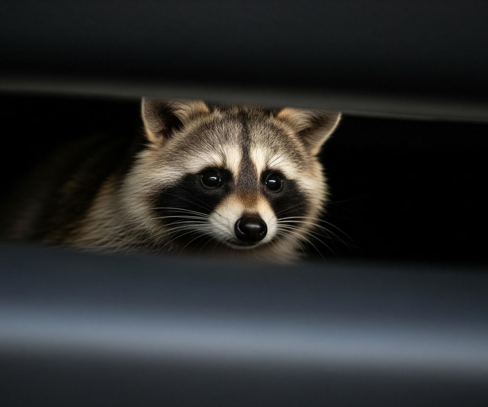 Szop pracz wyłania się z cienia, z oczami skierowanymi prosto na obserwatora. Jego futro jest mieszanką szarości, brązu i czerni, z charakterystycznymi ciemnymi plamami wokół oczu. Pysk zwierzęcia jest jaśniejszy, z długimi, białymi wąsami i czarnym nosem. Ciemne, błyszczące oczy zwierzęcia wydają się czujne. Dolna część kadru jest przesłonięta szerokim, poziomym, ciemnym paskiem, a tuż nad nim widoczne są fragmenty futra zwierzęcia, które również wydają się być w cieniu.