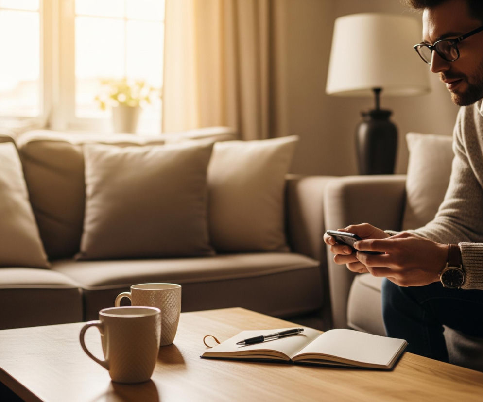 Mężczyzna w okularach, szarym swetrze i ciemnych spodniach siedzi na beżowej kanapie, trzymając w dłoniach smartfon. Na jego lewym nadgarstku widać zegarek z brązowym paskiem. Przed nim, na drewnianym stoliku kawowym, stoją dwa beżowe kubki z teksturą, a obok leży otwarty notatnik z czarnym długopisem. W tle, po lewej stronie, widać kolejne sekcje kanapy z poduszkami w tym samym odcieniu, a za nimi jasne okno z częściowo zasuniętymi beżowymi zasłonami, przez które wpada ciepłe światło. Po prawej stronie mężczyzny znajduje się lampa stołowa z białą oprawą i ciemną podstawą, a za nią fragment kolejnej, jaśniejszej kanapy.