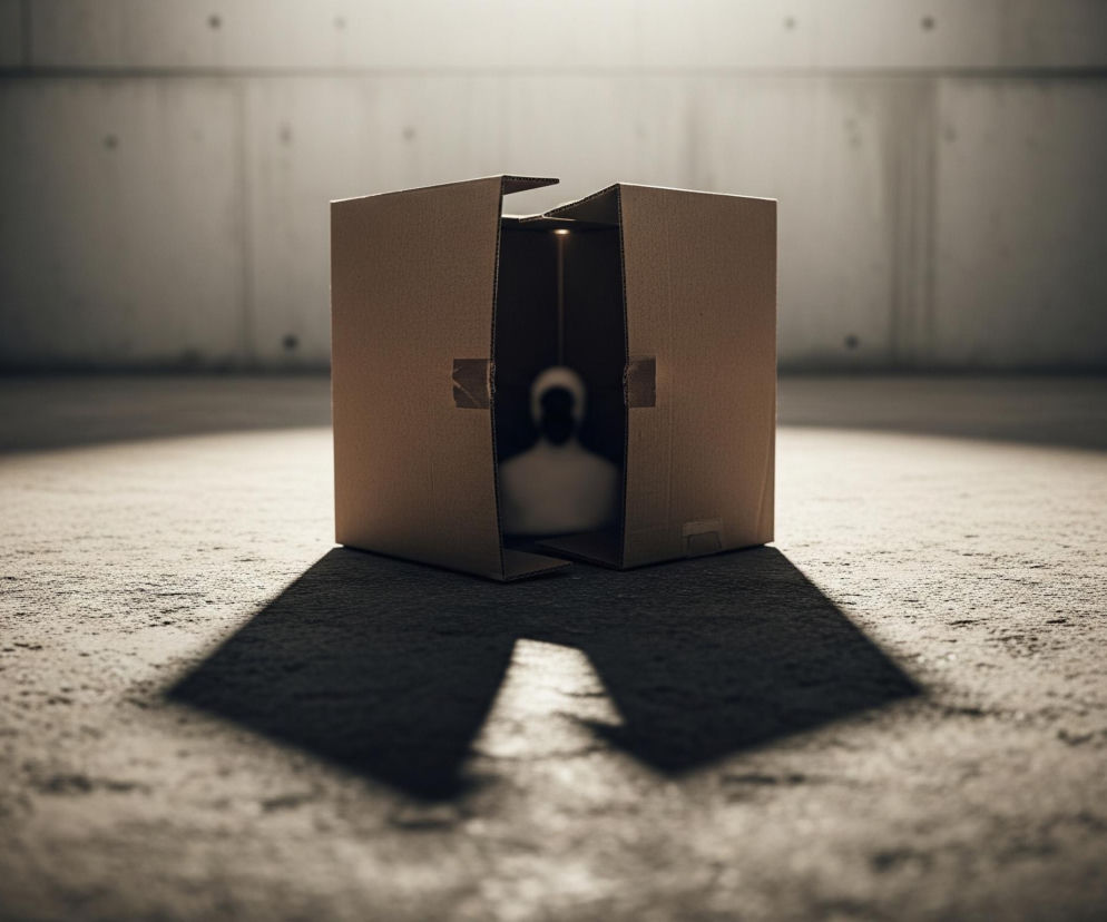 Kartonowe pudło, o barwie brązowej, stoi na szorstkiej, szarej powierzchni, prawdopodobnie betonie. Jego górne klapy są otwarte, a wewnątrz, w oddali, widoczny jest niewyraźny kształt przypominający białą figurę z czarną głową. Na powierzchni za pudłem widoczne są ściany betonowe, z drobnymi, ciemnymi punktami. Całość oświetlona jest snopem światła padającym z lewej strony, tworzącym długi, ciemny cień pudła rozciągający się w prawą stronę obrazu.