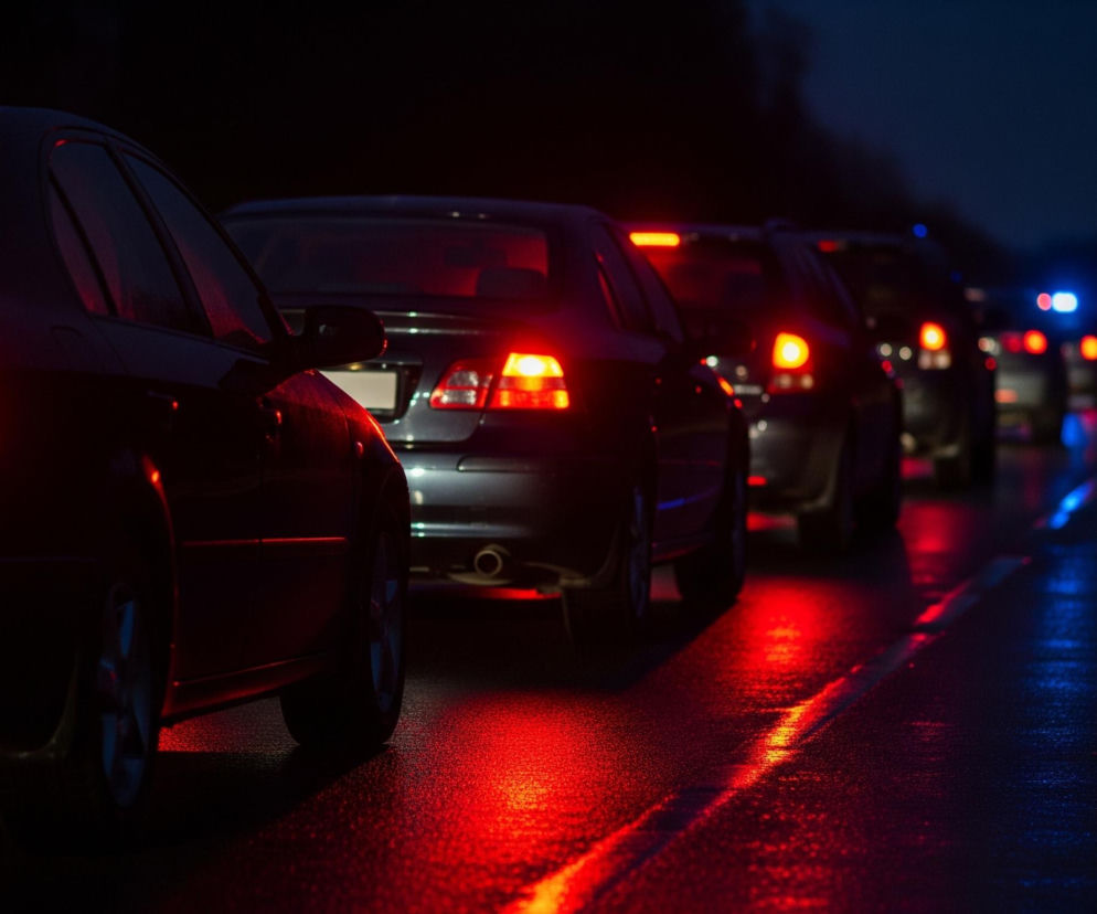 Rząd samochodów stoi w korku w nocy na ciemnej, prawdopodobnie mokrej drodze, co widać po odbiciach świateł. Samochody są ułożone w jednej linii, z których pierwszy, najbliżej widza, jest częściowo widoczny po lewej stronie kadru, a jego czerwone światła hamowania jasno świecą. Refleksy tych świateł rozświetlają asfalt na czerwono, tworząc ciepły, nasycony blask, który stopniowo zanika w oddali, gdzie widać kolejne czerwone światła innych pojazdów. W tle, na końcu rzędu samochodów, migają niebieskie światła, sugerujące obecność pojazdu uprzywilejowanego, co dodatkowo podkreśla ciemną, nocną scenerię.