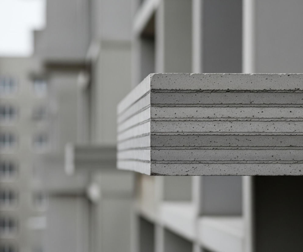 Na pierwszym planie, z prawej strony, znajduje się prostokątny, betonowy blok o szorstkiej teksturze, z widocznymi poziomymi warstwami i drobnymi nierównościami. Lewa, krótsza krawędź bloku jest również widoczna, ukazując jego grubość i kolejne warstwy. Blok jest wyraźnie ostry, a jego szara barwa kontrastuje z rozmyłym tłem.

Tło obrazu jest silnie rozmyte, przedstawiając budynki o jasnoszarej elewacji i ciemniejszych, prostokątnych oknach. Po prawej stronie rozmytego tła widoczne są fragmenty innej budowli, również w odcieniach szarości, z widocznymi elementami konstrukcyjnymi. Dominują neutralne kolory, głównie odcienie szarości i bieli, tworząc minimalistyczną kompozycję.