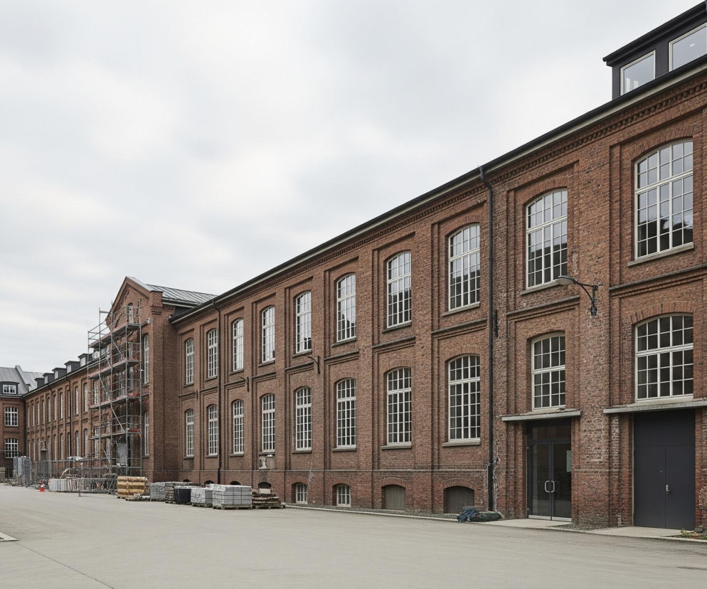 Długi, ceglany budynek w kolorze ciemnoczerwonym dominuje w centrum kadru, rozciągając się od lewej do prawej strony. Charakteryzuje się licznymi, wysokimi oknami z białymi, szprosowymi ramami, rozmieszczonymi w równych odstępach na piętrach oraz mniejszymi oknami w łukowych wnękach na parterze. Na dachu widoczne są nowoczesne lukarny z czarnymi obudowami. Przed budynkiem rozpościera się szeroki, pusty plac z betonowej kostki, na którym w oddali, po lewej stronie, widoczne są materiały budowlane ułożone na paletach oraz fragment ogrodzenia. Na lewym końcu budynku stoją rusztowania. Niebo jest zachmurzone i jasnoszare.