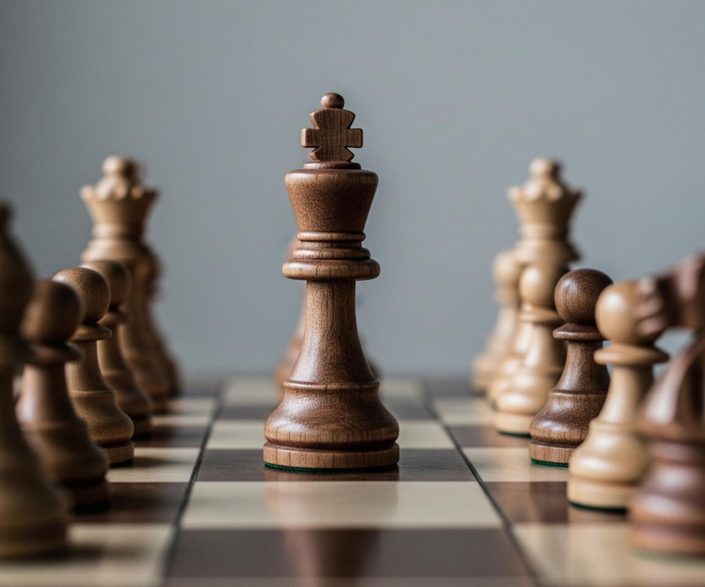 Centralnie ustawiony jest ciemnobrązowy król szachowy, wykonany z drewna o widocznym usłojeniu, z zielonym filcowym podkładem u podstawy. Wokół niego, na szachownicy, rozmieszczone są inne figury szachowe; te bliżej aparatu są rozmazane, podczas gdy te w środku pola widzenia są ostre, a te dalej ponownie nieco mniej wyraźne. Po prawej i lewej stronie króla znajdują się białe i brązowe figury o różnych kształtach, sugerujących pionki, wieże, gońce i skoczki, niektóre z nich mają zielone filcowe podkładki. Figury stoją na jasnobrązowych i ciemnobrązowych kwadratach szachownicy, która zajmuje dolną połowę obrazu. Tło jest gładkie, jednolicie szare, stopniowo jaśniejące ku górze.