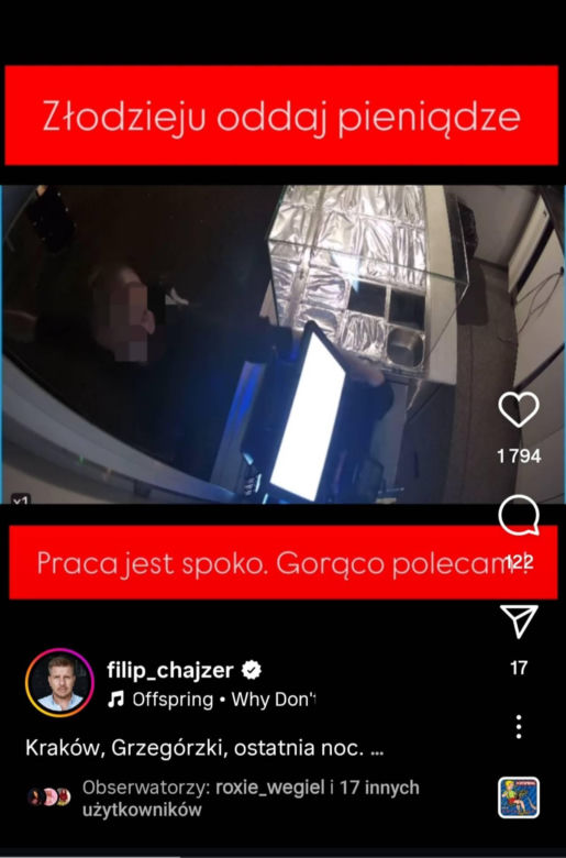 Kebab Filipa Chajzera okradziony. "Złodzieju, oddaj pieniądze" 