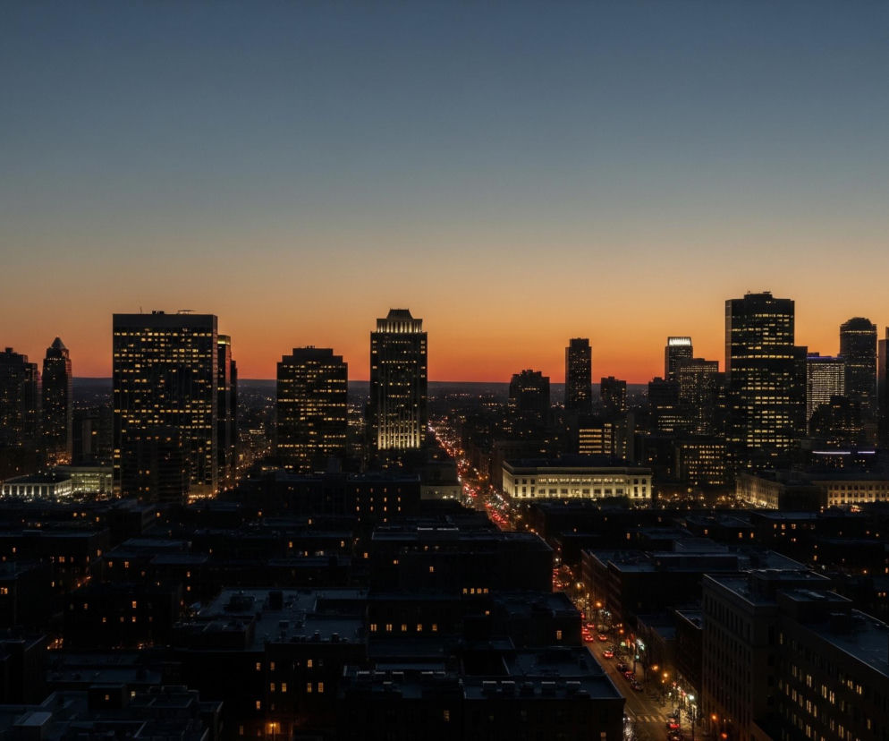 Rozległa panorama miasta o zachodzie słońca, przedstawiająca horyzont wypełniony wieżowcami i niższymi budynkami. Niebo przechodzi od ciemnoniebieskiego u góry do pomarańczowo-złotego na horyzoncie, z dominującym pasem pomarańczu nad linią budynków. Wiele okien w wieżowcach oraz mniejszych budynkach na pierwszym planie świeci ciepłym, żółtym światłem, rozjaśniając ciemne fasady. Na pierwszym planie widoczne są również ulice z widocznymi światłami samochodów i lampami ulicznymi, które tworzą jasne pasy w miejskim krajobrazie.