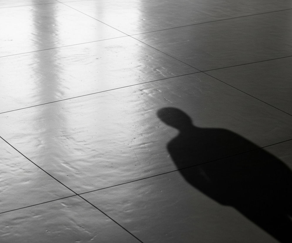 Cień postaci o niewyraźnych rysach pada na jasną, lśniącą podłogę z dużych, kwadratowych płytek. Płytki są w różnych odcieniach szarości, od niemal białych w miejscach intensywnie oświetlonych, po ciemnoszare w zacienionych partiach, z wyraźnie zaznaczonymi czarnymi fugami tworzącymi siatkę. Na powierzchni podłogi odbija się światło z niezdefiniowanego źródła, tworząc jaśniejsze, rozmyte smugi i plamy, z sugestią odbicia okien lub innej struktury w górnej lewej części kadru. Cień postaci jest ciemny, jednolity i zajmuje prawą oraz dolną część obrazu.