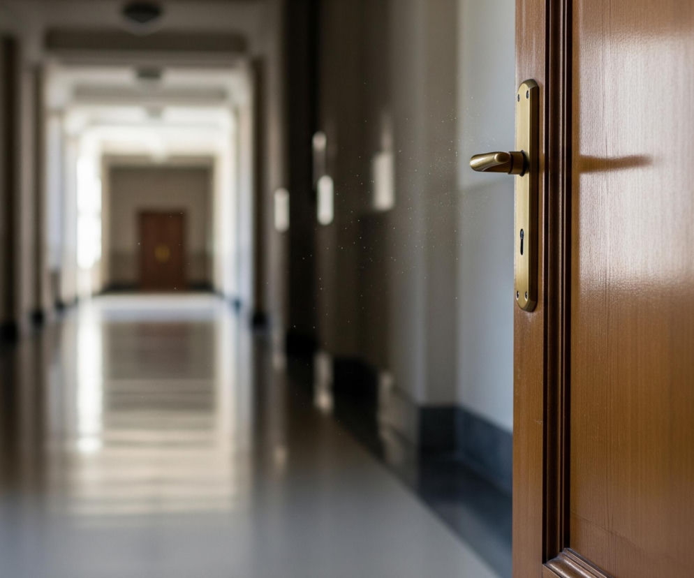 Półotwarte drewniane drzwi w kolorze brązowym z mosiężną klamką i okrągłym szyldem z otworem na klucz dominują prawą stronę kadru. Od klamki pada cień na drzwi, a na jasnoszarej ścianie za drzwiami unoszą się drobne, jasne cząsteczki kurzu. Po lewej stronie drzwi rozciąga się długi, pusty korytarz z kremową posadzką i ciemnymi listwami przypodłogowymi, który zbiega się w oddali, gdzie widać kolejne, otwarte drzwi na jego końcu.