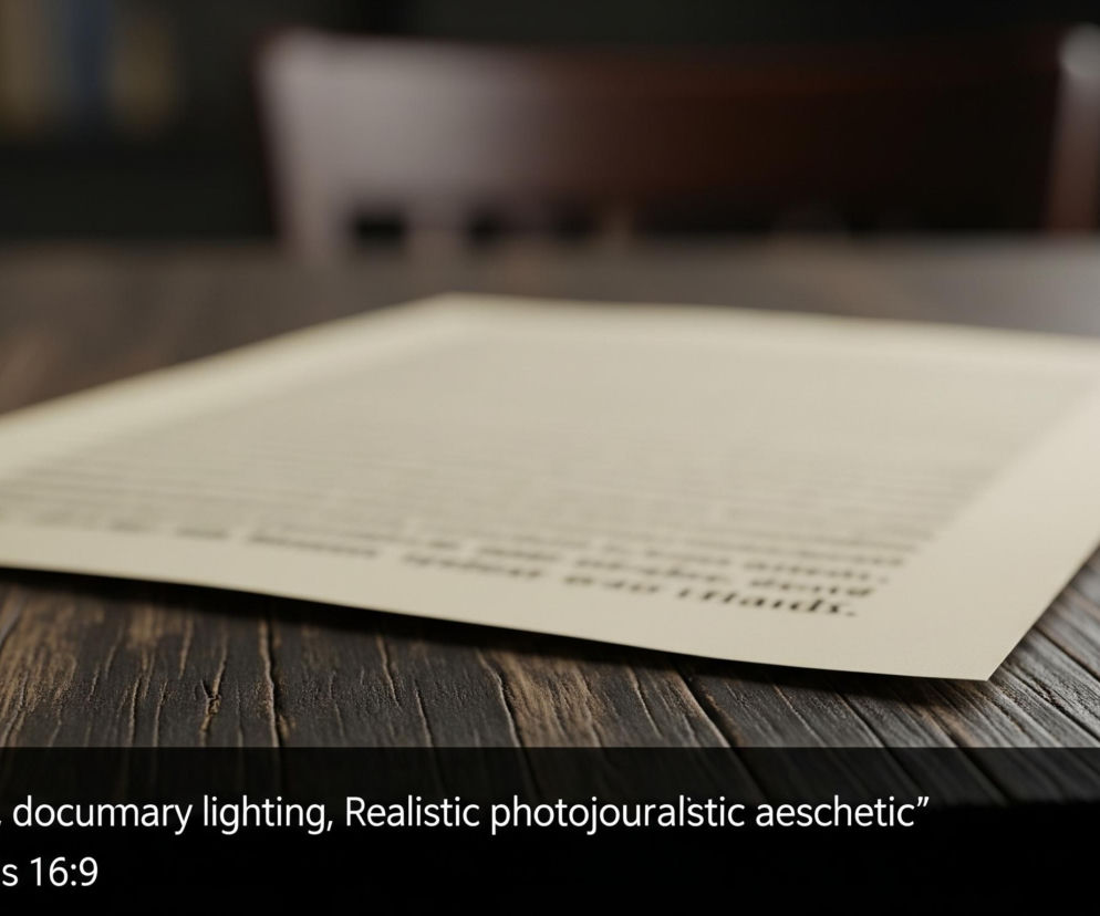 Na pierwszym planie, w dolnej części obrazu, widoczna jest ciemna, drewniana powierzchnia stołu z wyraźnym usłojeniem i głębokimi szczelinami. Na stole leży jasny, prostokątny arkusz papieru z tekstem wydrukowanym drobną czcionką, częściowo obrócony i uniesiony na rogu, co tworzy widoczny cień pod nim. Tło jest rozmyte, ale można dostrzec ciemne, brązowe oparcie krzesła oraz zarysy innych obiektów, prawdopodobnie książek, co sugeruje wnętrze pokoju.