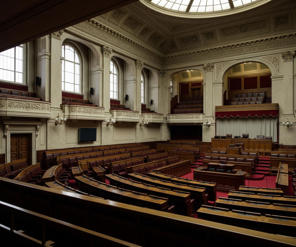 Wnętrze dużej sali z amfiteatralnym układem miejsc, widoczne z górnego poziomu. Sala ma ściany w odcieniach beżu i kremu, ozdobione bogatymi sztukateriami oraz pilastrami z rzeźbionymi kapitelami. Rzędy drewnianych biurek z ciemnoczerwonymi, skórzanymi fotelami są ułożone półkoliście, skierowane w stronę centralnej mównicy oraz podium z tyłu. Całość podłogi w dolnej części pokrywa czerwony dywan.

Nad biurkami i fotelami wznoszą się dwa poziomy balkonów z ozdobnymi, rzeźbionymi balustradami, również wyposażonymi w szeregi ciemnoczerwonych foteli. Wzdłuż ścian, na górnym poziomie, znajdują się wysokie, łukowate okna z białymi szprosami, wpuszczające jasne światło, oraz mniejsze, prostokątne otwory. Sufit jest kasetonowy, bogato zdobiony sztukateriami, a jego centralną część stanowi kopuła z przeszklonym dachem, tworzącą świetlik.