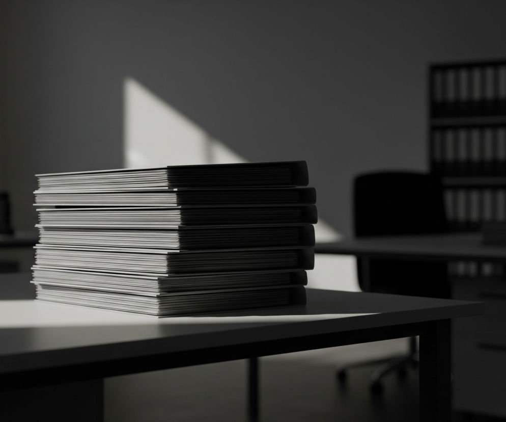 Na pierwszym planie, po lewej stronie, znajduje się wysoki stos jasnoszarych dokumentów lub kartek papieru, ułożonych równo jeden na drugim na białym biurku. Biurko jest oświetlone od lewej strony, tworząc kontrastowe cienie na jego powierzchni i na stosie kartek. W tle widać ciemne, rozmyte wnętrze biura z regałami i szafkami po prawej stronie. Promień światła słonecznego wpada przez okno po lewej stronie, tworząc trójkątną plamę jasności na tylnej ścianie.