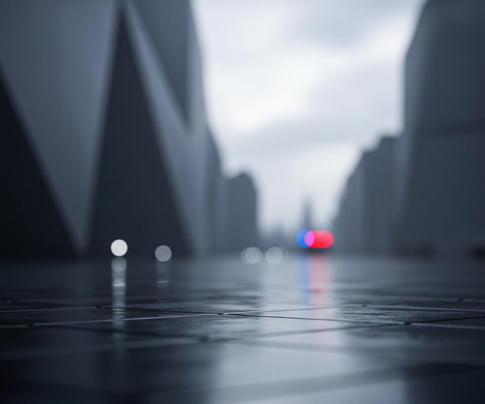 Na pierwszym planie widoczna jest mokra, ciemnoszara nawierzchnia z prostokątnymi płytami, odbijająca światło. W oddali, w centrum kadru, znajduje się rozmyty czerwony i niebieski punkt świetlny. Po lewej stronie, również w tle, widać dwa okrągłe, białe rozmyte punkty świetlne. Całe tło wypełniają wysokie, pionowe, ciemnoszare kształty budynków o spiczastych szczytach, zlewające się z jasnoszarym, pochmurnym niebem.