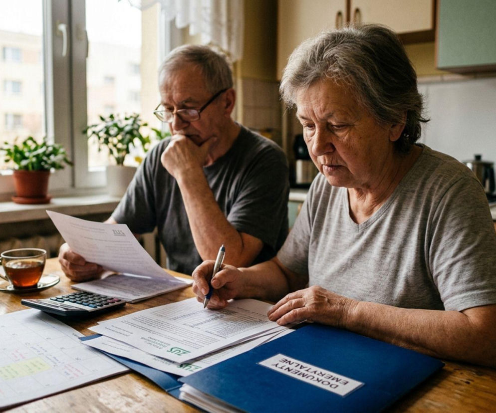 Starsza kobieta wypełnia dokumenty emerytalne ZUS, podczas gdy starszy mężczyzna obok niej przegląda papiery. Scena ukazuje parę seniorów w domowym zaciszu, zajętych formalnościami związanymi z ich finansami. O rekordowych wpływach ZUS przeczytasz na portalu Super Biznes.